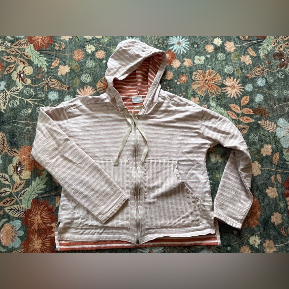 Columbia Melody Spring Full Zip Hoodie Jacket LARGE Cream Coral Stripe Pockets